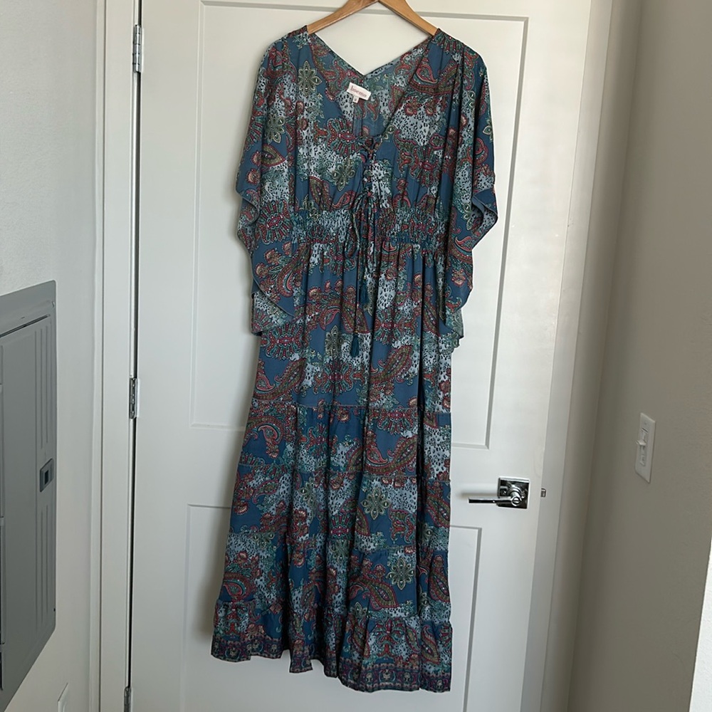 Boho Paisley Maxi Dress - Teal Floral
